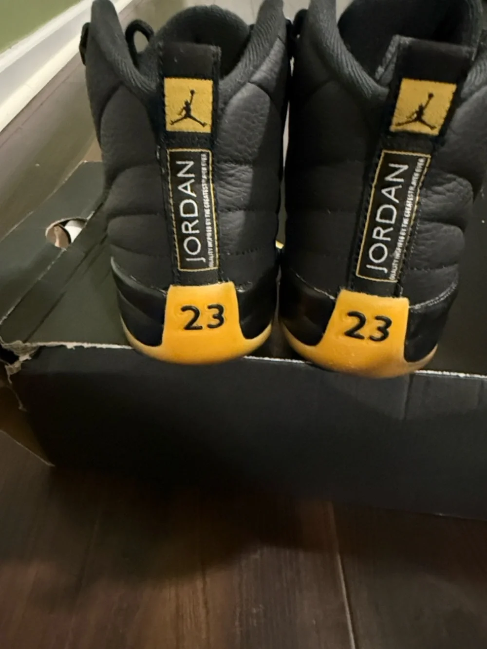 Jordan Men’s Sneakers — Black & Yellow Retro 12 (7y)